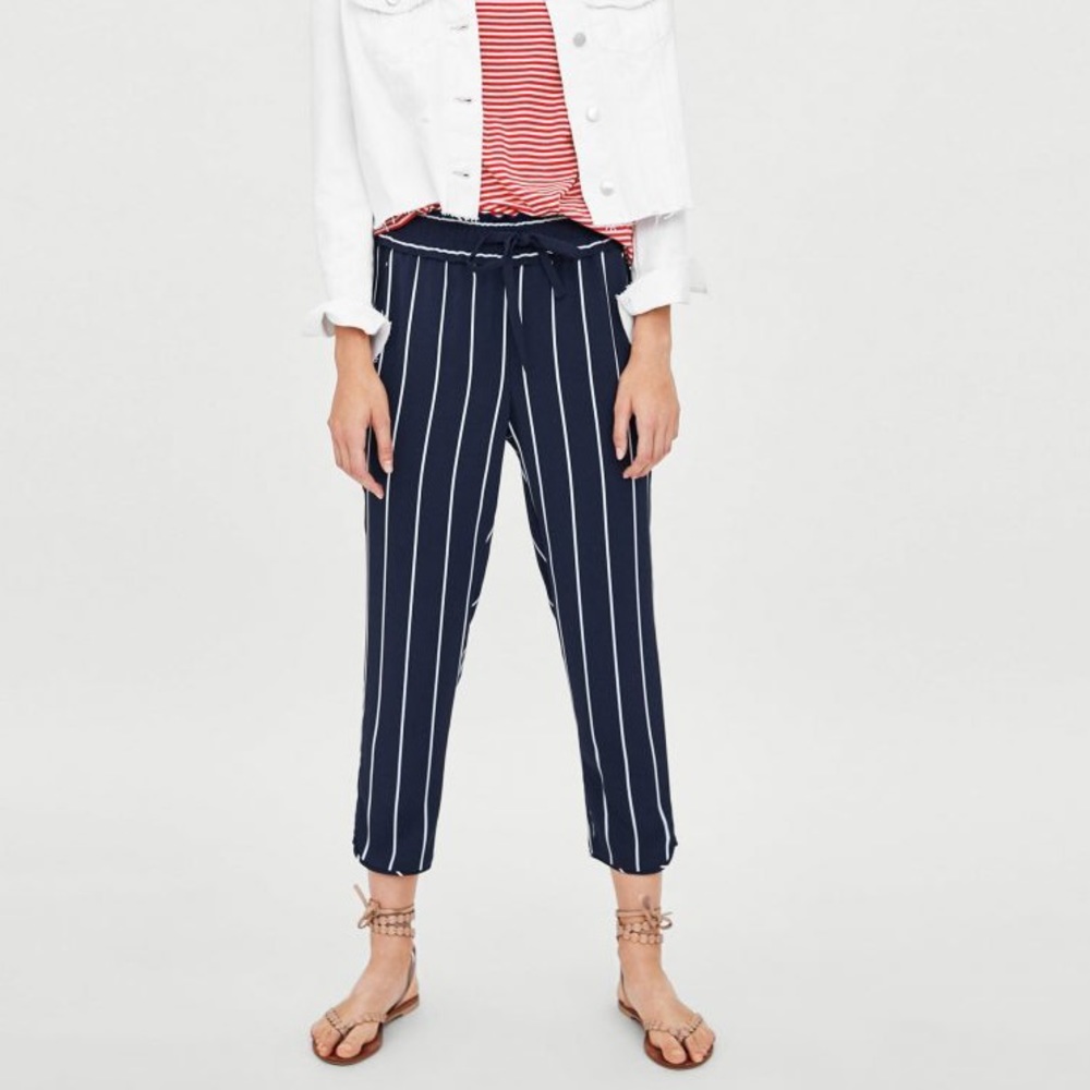 ZARA navy and white stripe paper bag pant